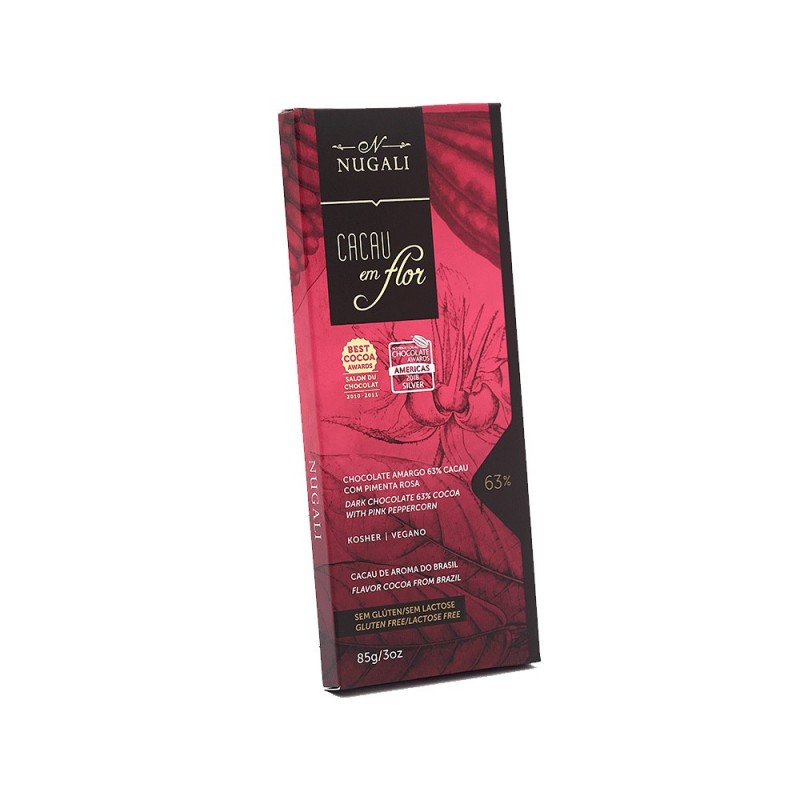 Chocolate Amargo 63% Cacau em Flor Pimenta Rosa Nugali 85g